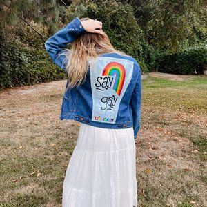 Say Gay LGBT Rights Vintage Denim Jacket Wrangler - pride, lgbtqia, gay rights